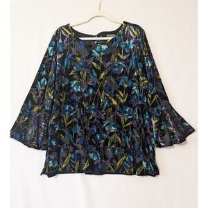 The Limited Womens Black Floral Velvet Burnout Bell Sleeve Tie Neck Top Size 2X